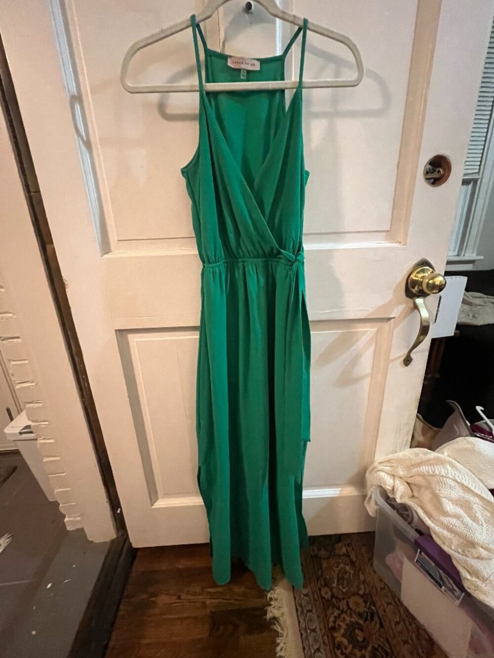 Dream of Me Emerald Green Faux-Wrap Sleeveless Midi Dress - Size Medium
